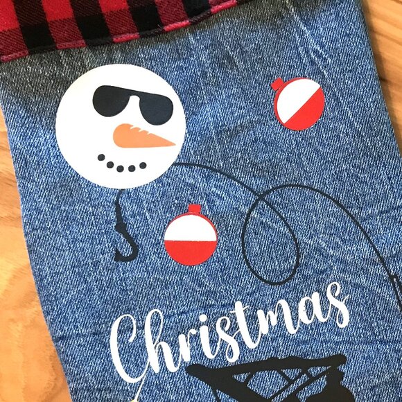 Denim Christmas Stocking: Lake House Fishing Decor, Pontoon Boat, Snowman - Picture 6 of 8
